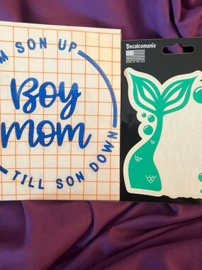 Decalcomania Green Mermaid Tail Vinyl Sticker & Blue 'Boy Mom' Decal